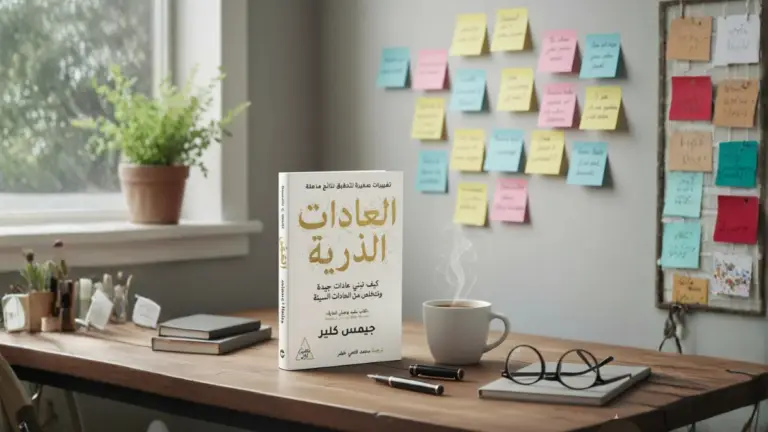 كتاب العادات الذرية على مكتب خشبي ضمن مراجعات مدونة خطى الحرية لتطوير الذات.