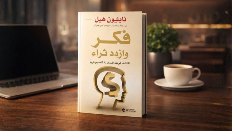 تصميم يجمع كتاب فكر وازدد ثراء مع رموز النجاح المالي وشعار مدونة خطى الحرية